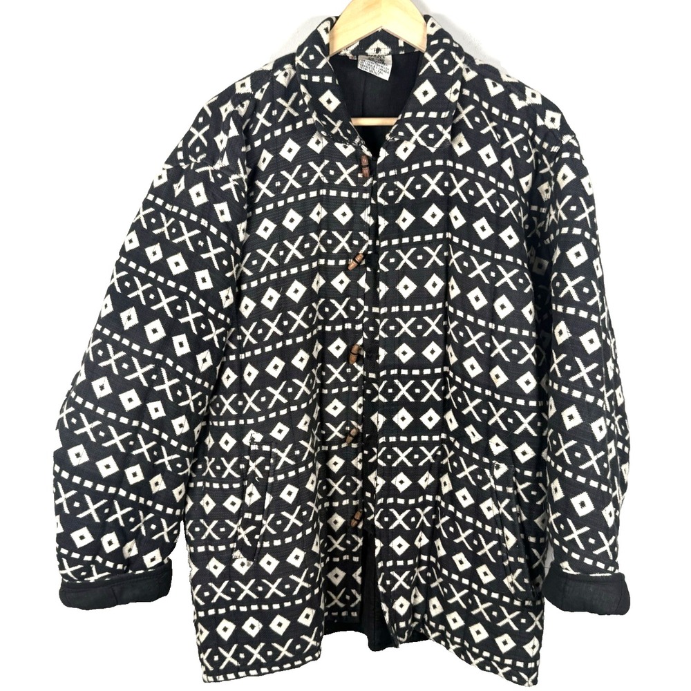 Vintage Polar Cow Nepal Cotton Jacket L Black Cream Boho Geometric Toggle Coat